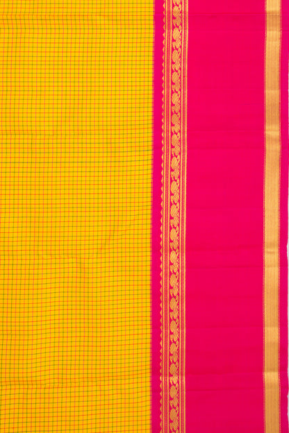 Kanchipuram Silk Checks Yellow Saree With Ganga Jamuna Border