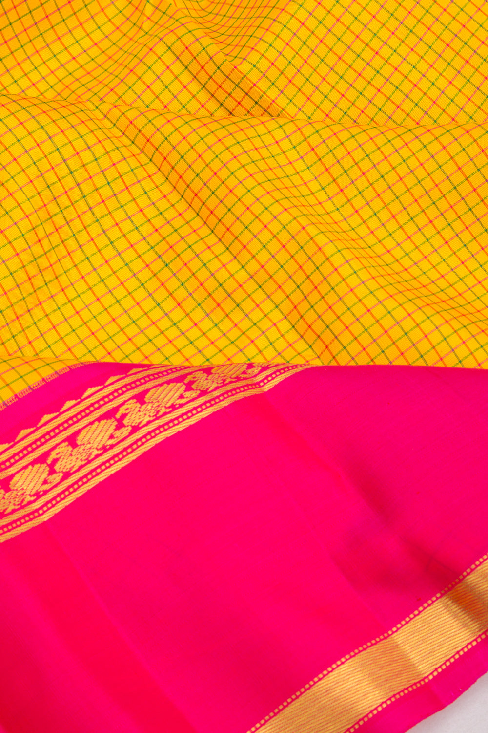 Kanchipuram Silk Checks Yellow Saree With Ganga Jamuna Border