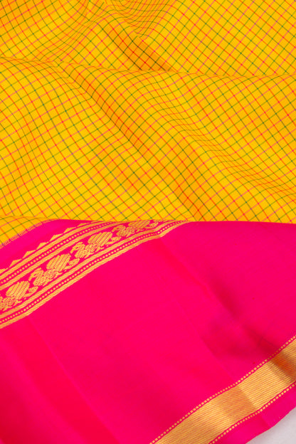 Kanchipuram Silk Checks Yellow Saree With Ganga Jamuna Border