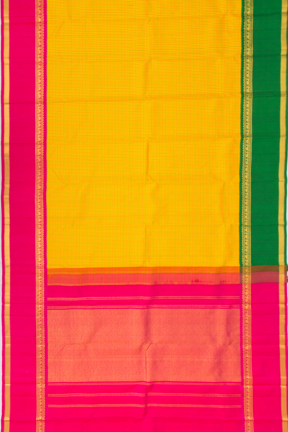Kanchipuram Silk Checks Yellow Saree With Ganga Jamuna Border