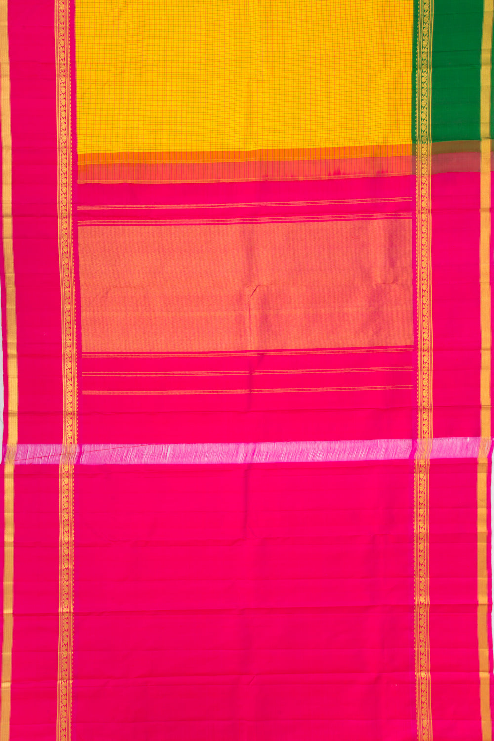 Kanchipuram Silk Checks Yellow Saree With Ganga Jamuna Border