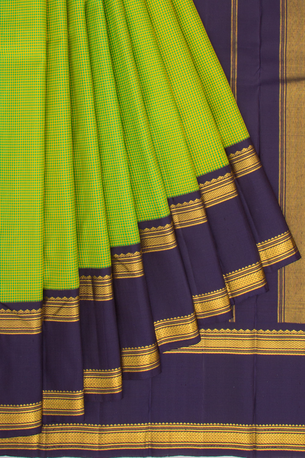 Kanchipuram Silk Checks Green And Yellow Saree