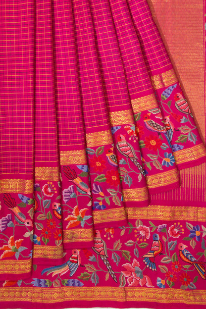 Petit Point Kanchipuram Silk Checks Pink Saree