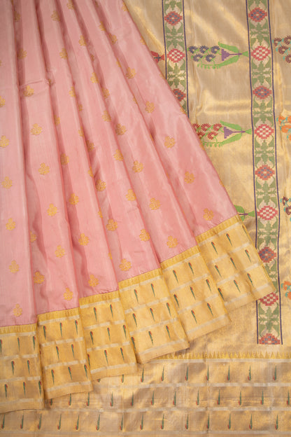 Kanchipuram Silk Butta Baby Pink Saree With Attached Triple Muniya Border