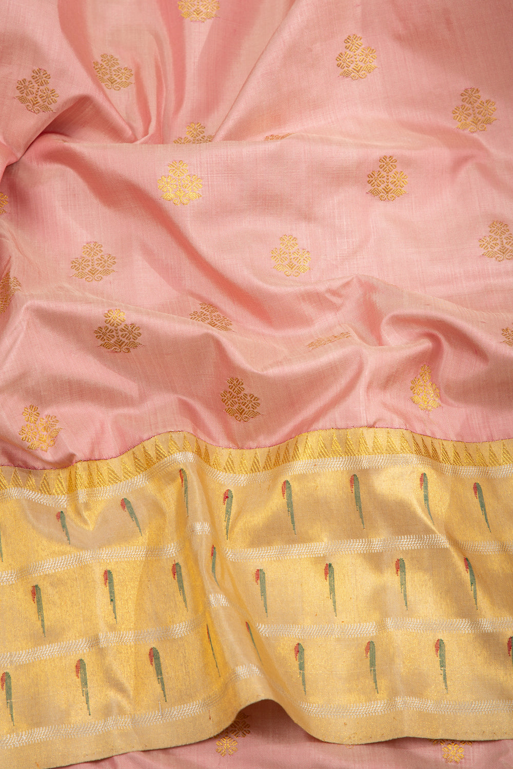 Kanchipuram Silk Butta Baby Pink Saree With Triple Muniya Border And Ikat Blouse