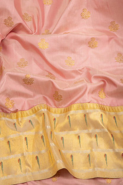 Kanchipuram Silk Butta Baby Pink Saree With Triple Muniya Border And Ikat Blouse