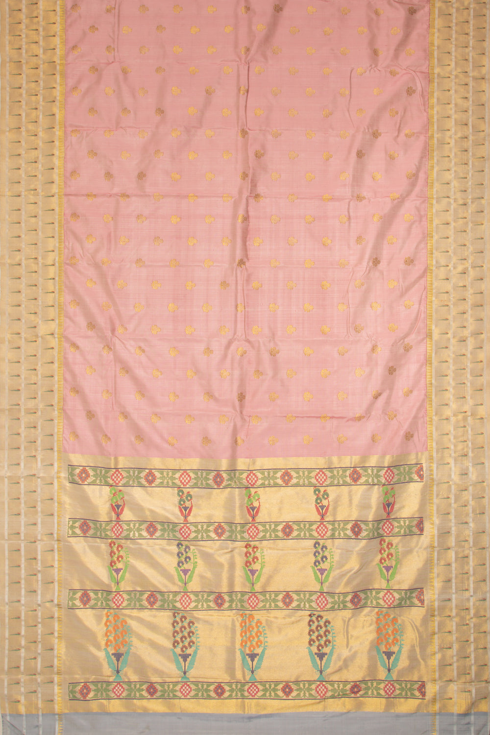 Kanchipuram Silk Butta Baby Pink Saree With Triple Muniya Border And Ikat Blouse