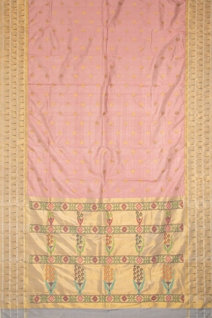 Kanchipuram Silk Butta Baby Pink Saree With Triple Muniya Border And Ikat Blouse
