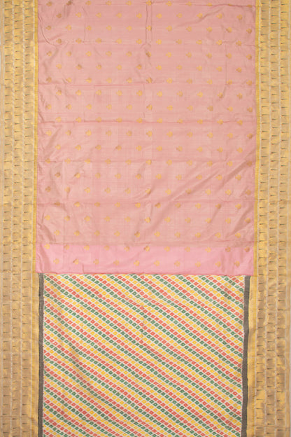 Kanchipuram Silk Butta Baby Pink Saree With Triple Muniya Border And Ikat Blouse