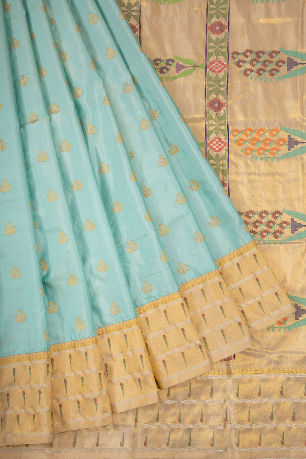 Kanchipuram Silk Butta Pastel Blue Saree With Attached Triple Muniya Border