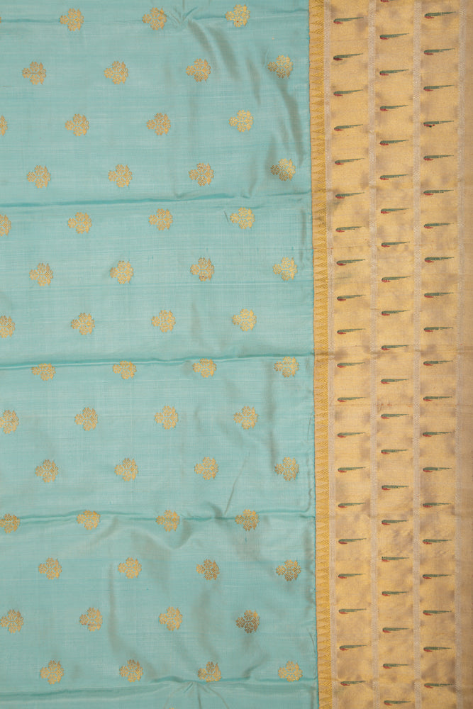 Kanchipuram Silk Butta Pastel Blue Saree With Attached Triple Muniya Border