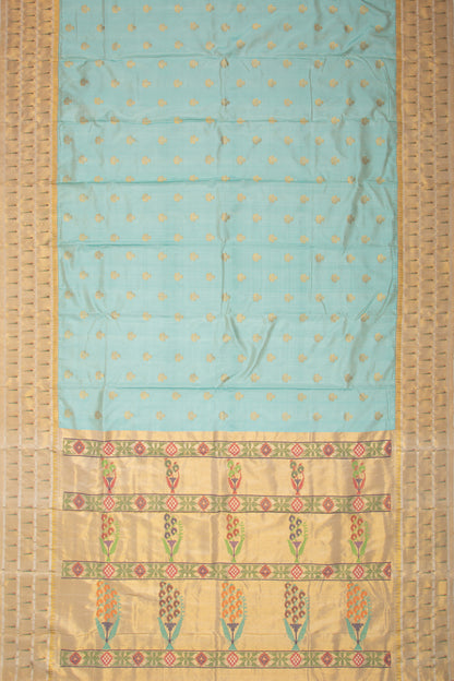Kanchipuram Silk Butta Pastel Blue Saree With Triple Muniya Border And Ikat Blouse