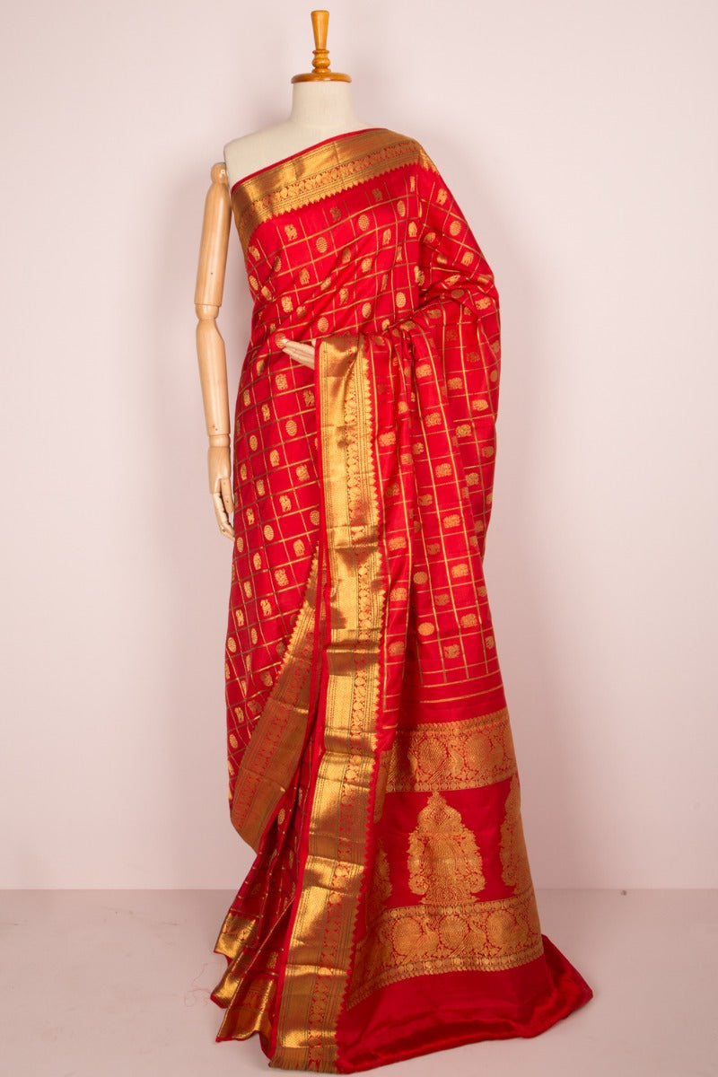 Kanchipuram Silk Check And Butta Red Saree