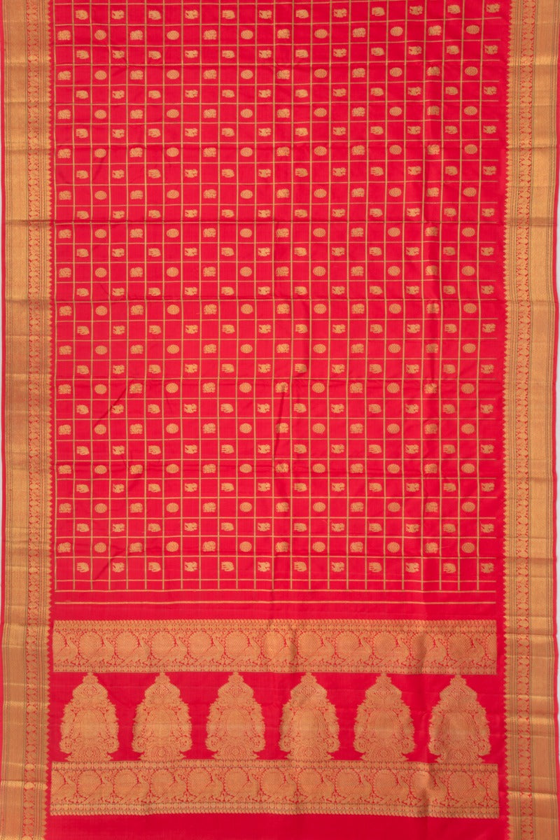 Kanchipuram Silk Check And Butta Red Saree