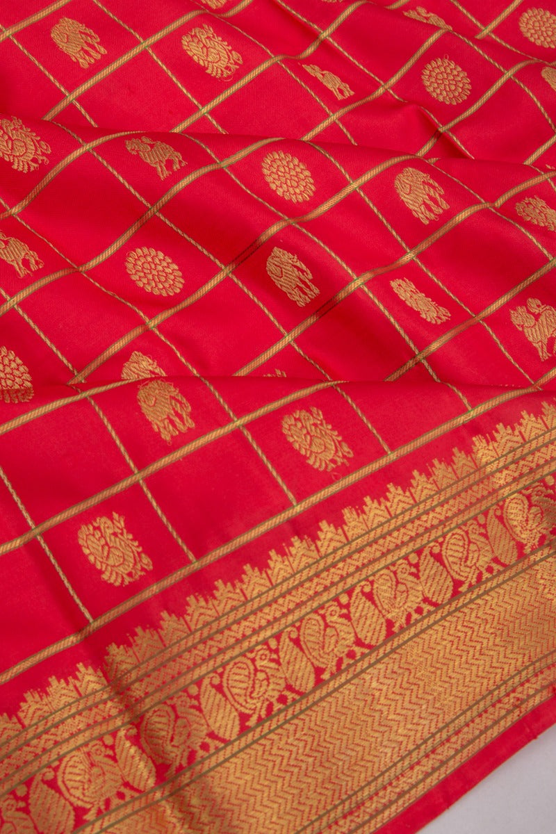 Kanchipuram Silk Check And Butta Red Saree