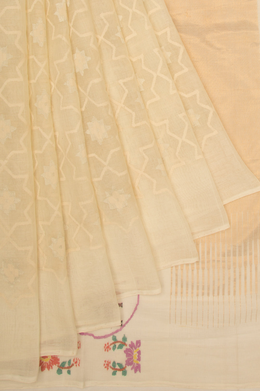 Ponduru Handspun Cotton Jamdani Cream Saree