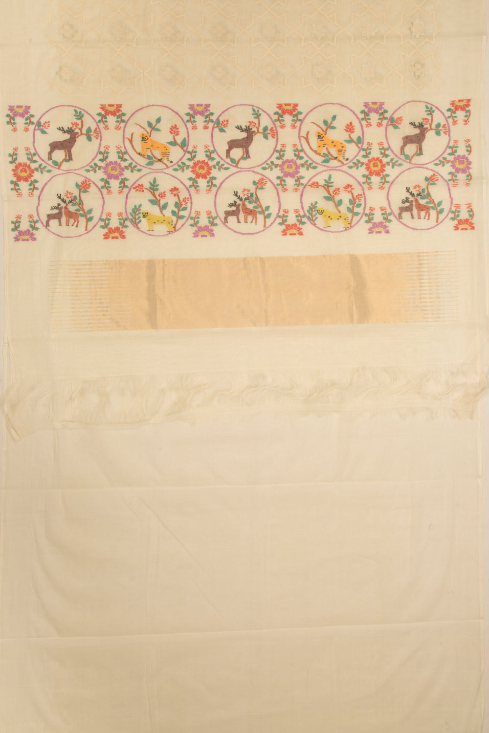 Ponduru Handspun Cotton Jamdani Cream Saree