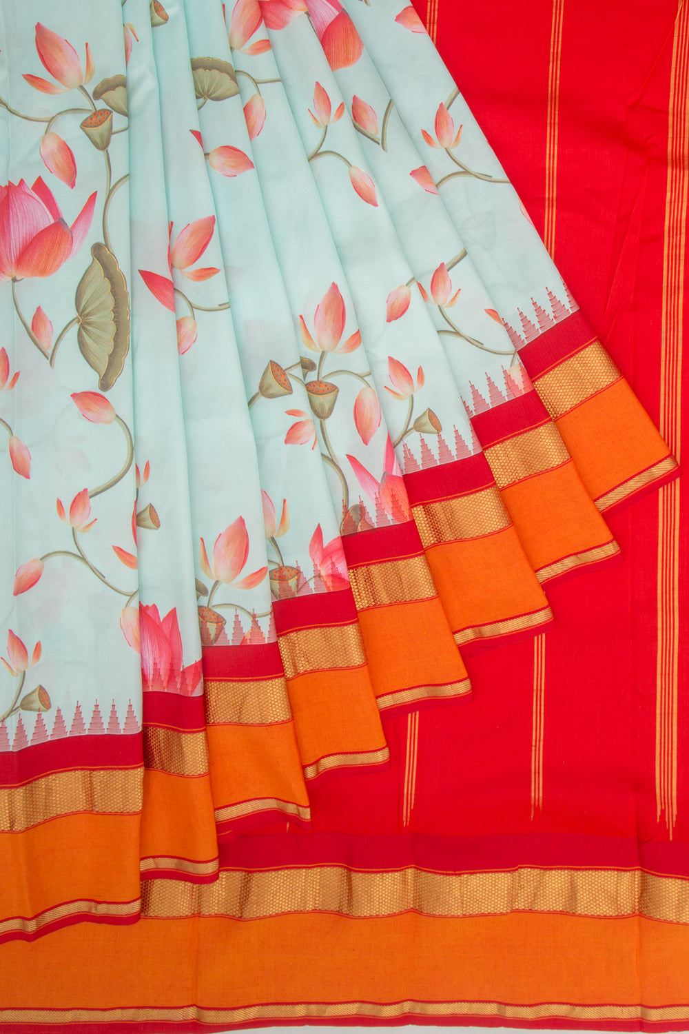 Kanchipuram Silk Floral Printed Pastel Blue Saree
