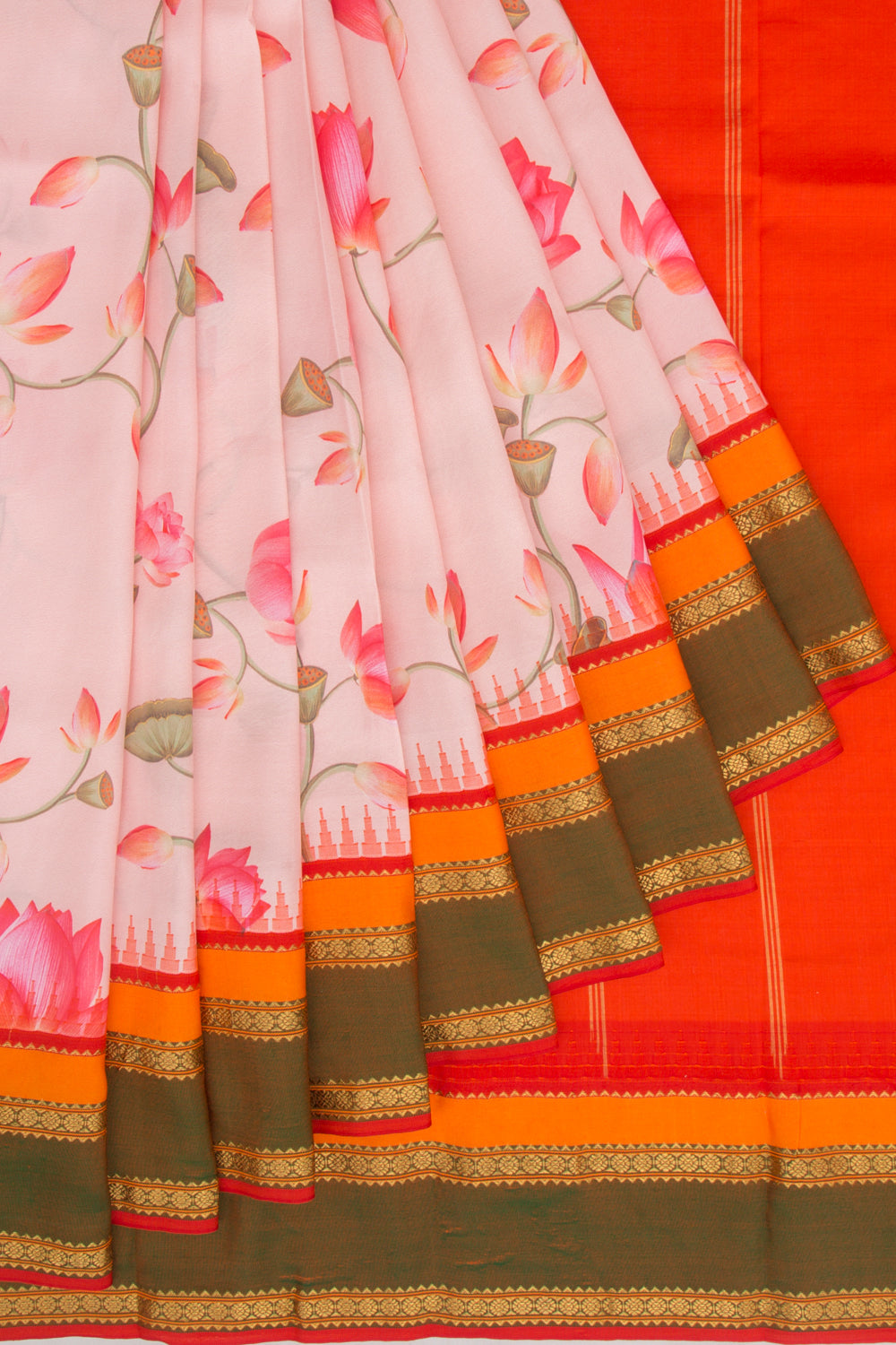 Kanchipuram Silk Floral Printed Peach Saree