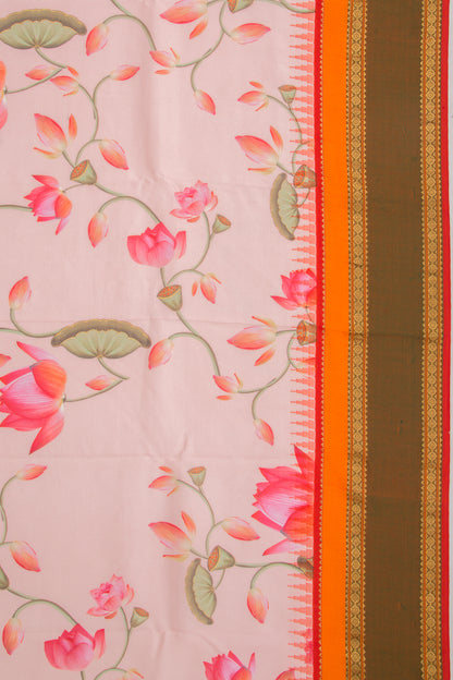 Kanchipuram Silk Floral Printed Peach Saree