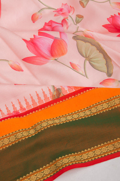 Kanchipuram Silk Floral Printed Peach Saree
