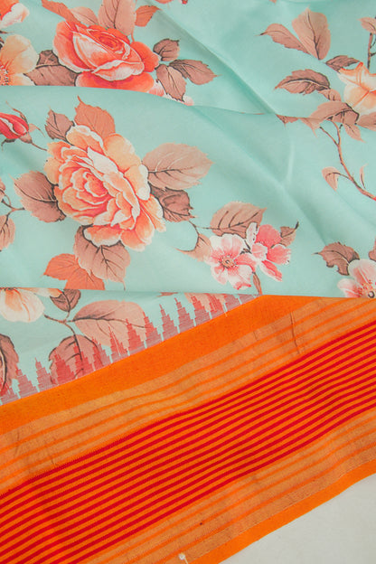 Kanchipuram Silk Floral Printed Pastel Green Saree