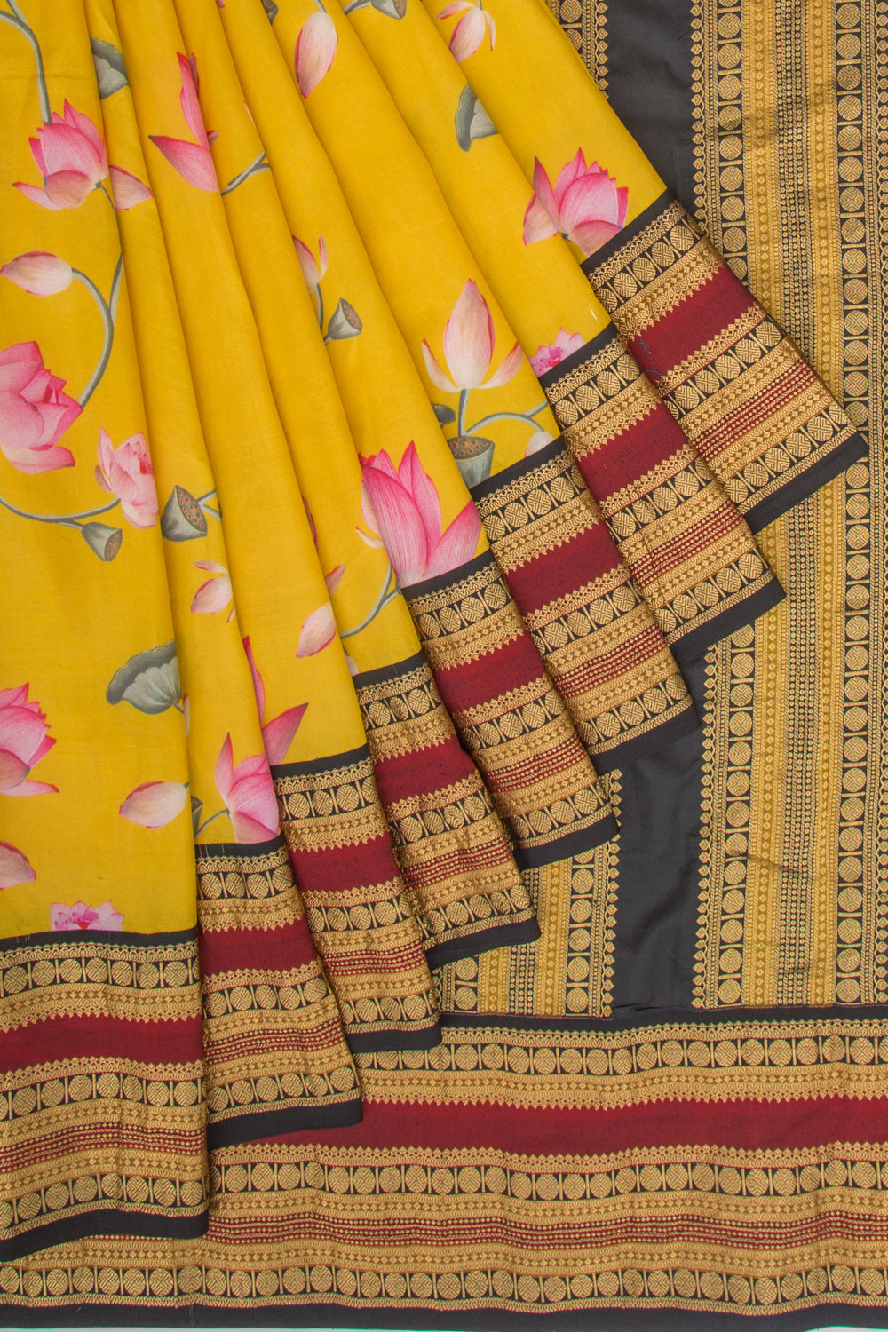 Kanchipuram Silk Floral Printed Yellow Saree