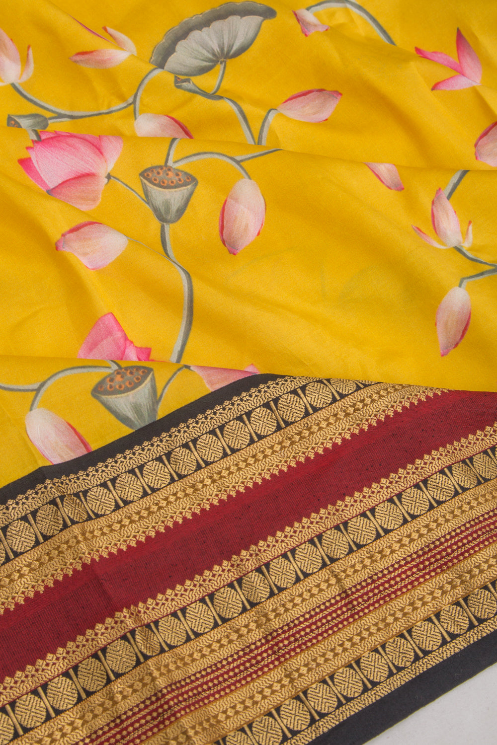Kanchipuram Silk Floral Printed Yellow Saree