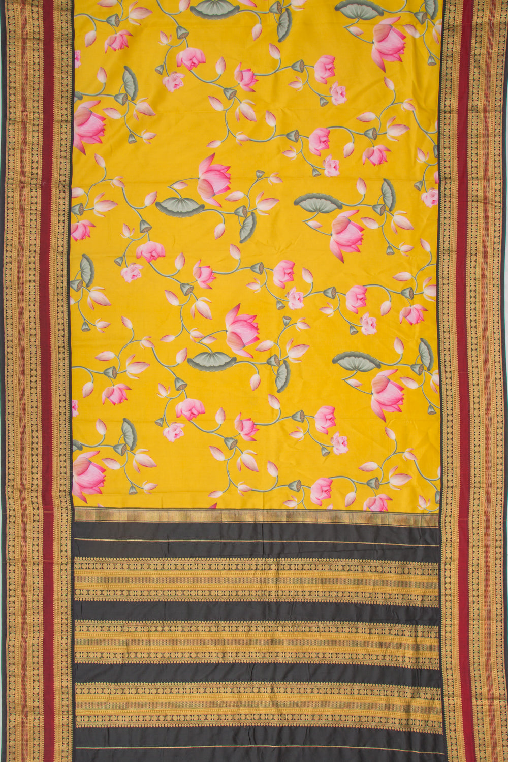 Kanchipuram Silk Floral Printed Yellow Saree