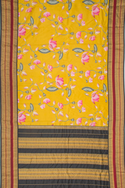 Kanchipuram Silk Floral Printed Yellow Saree