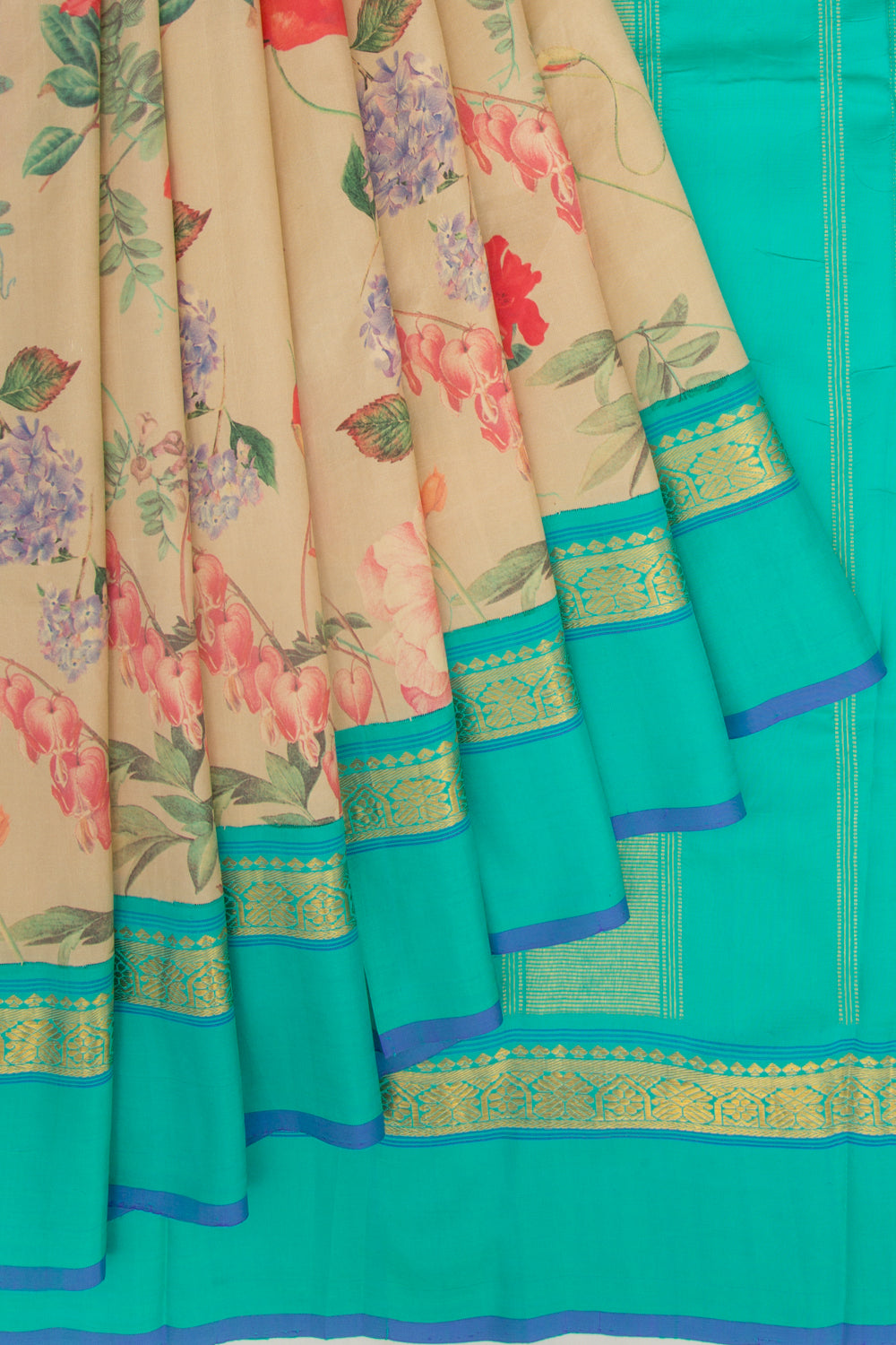 Kanchipuram Silk Floral Printed Cream Saree