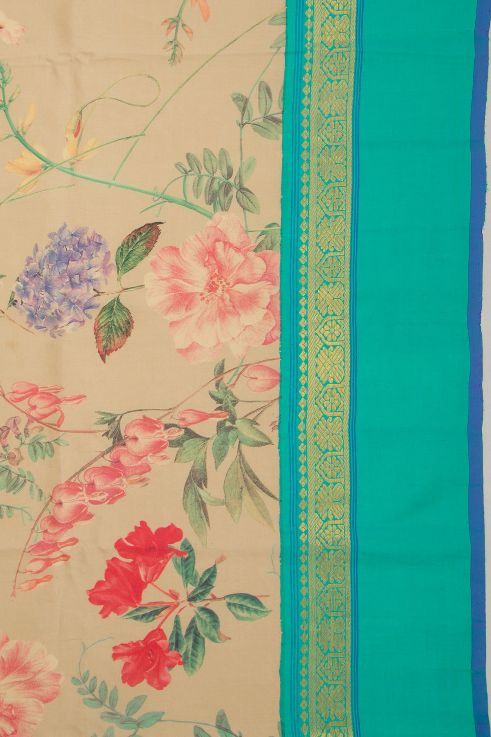 Kanchipuram Silk Floral Printed Cream Saree