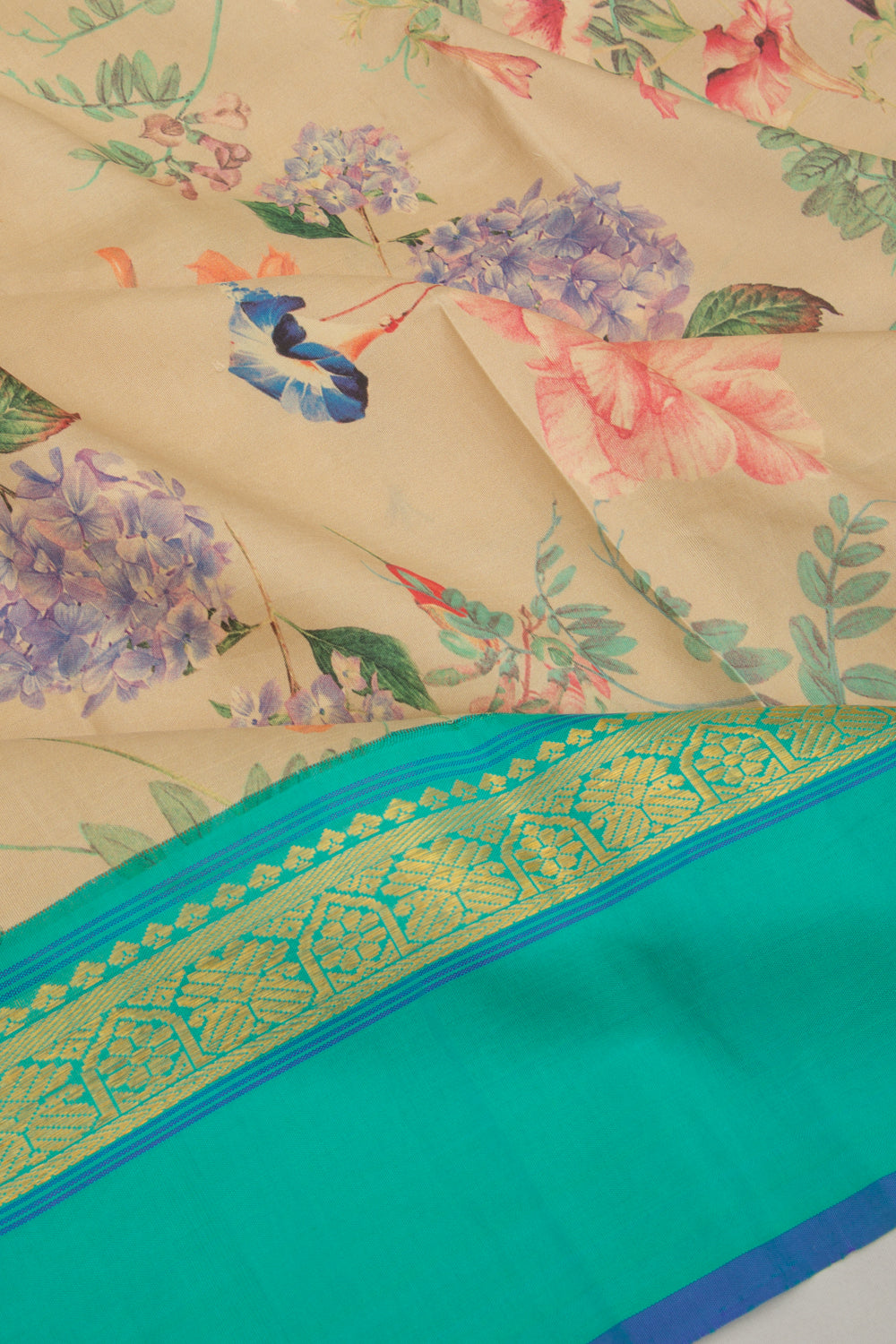 Kanchipuram Silk Floral Printed Cream Saree