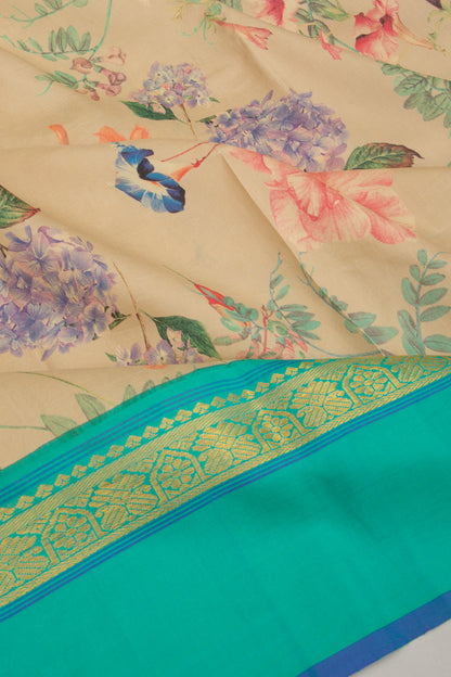 Kanchipuram Silk Floral Printed Cream Saree