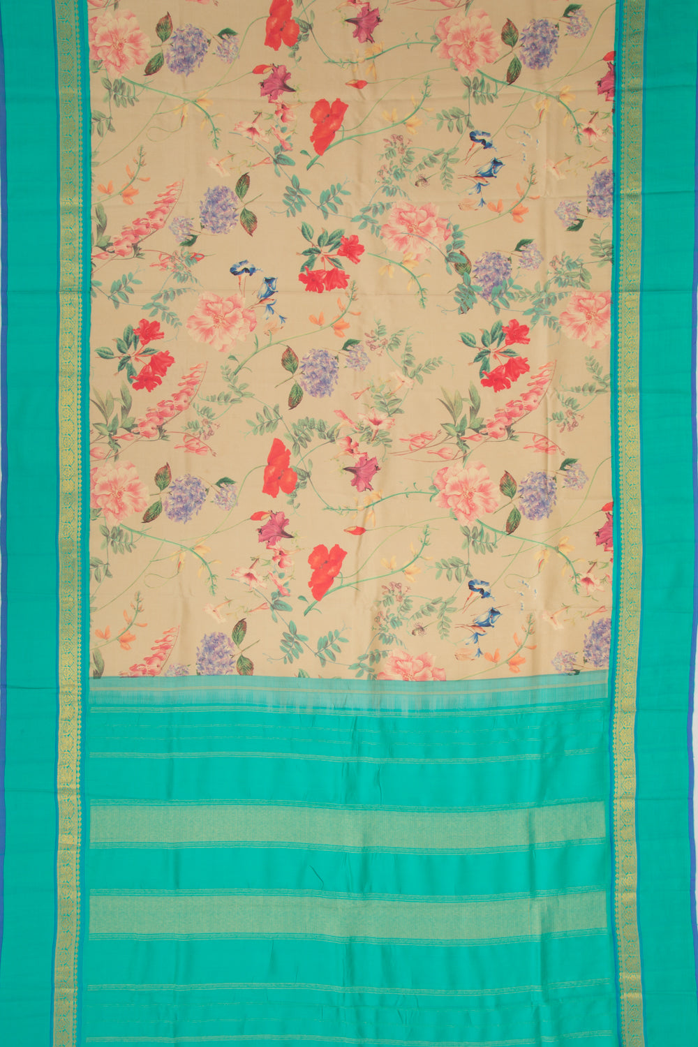 Kanchipuram Silk Floral Printed Cream Saree