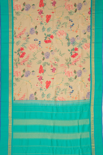 Kanchipuram Silk Floral Printed Cream Saree