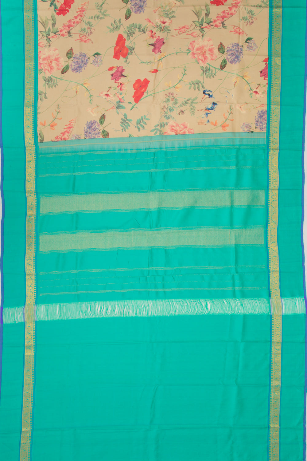 Kanchipuram Silk Floral Printed Cream Saree
