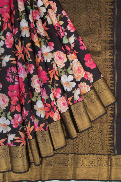Kanchipuram Silk Floral Printed Black Saree