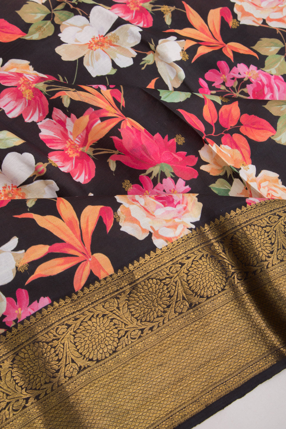 Kanchipuram Silk Floral Printed Black Saree