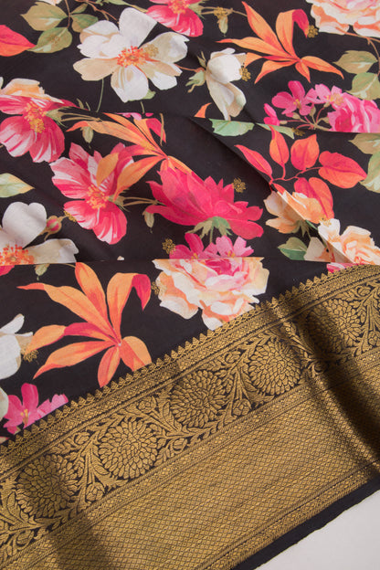 Kanchipuram Silk Floral Printed Black Saree
