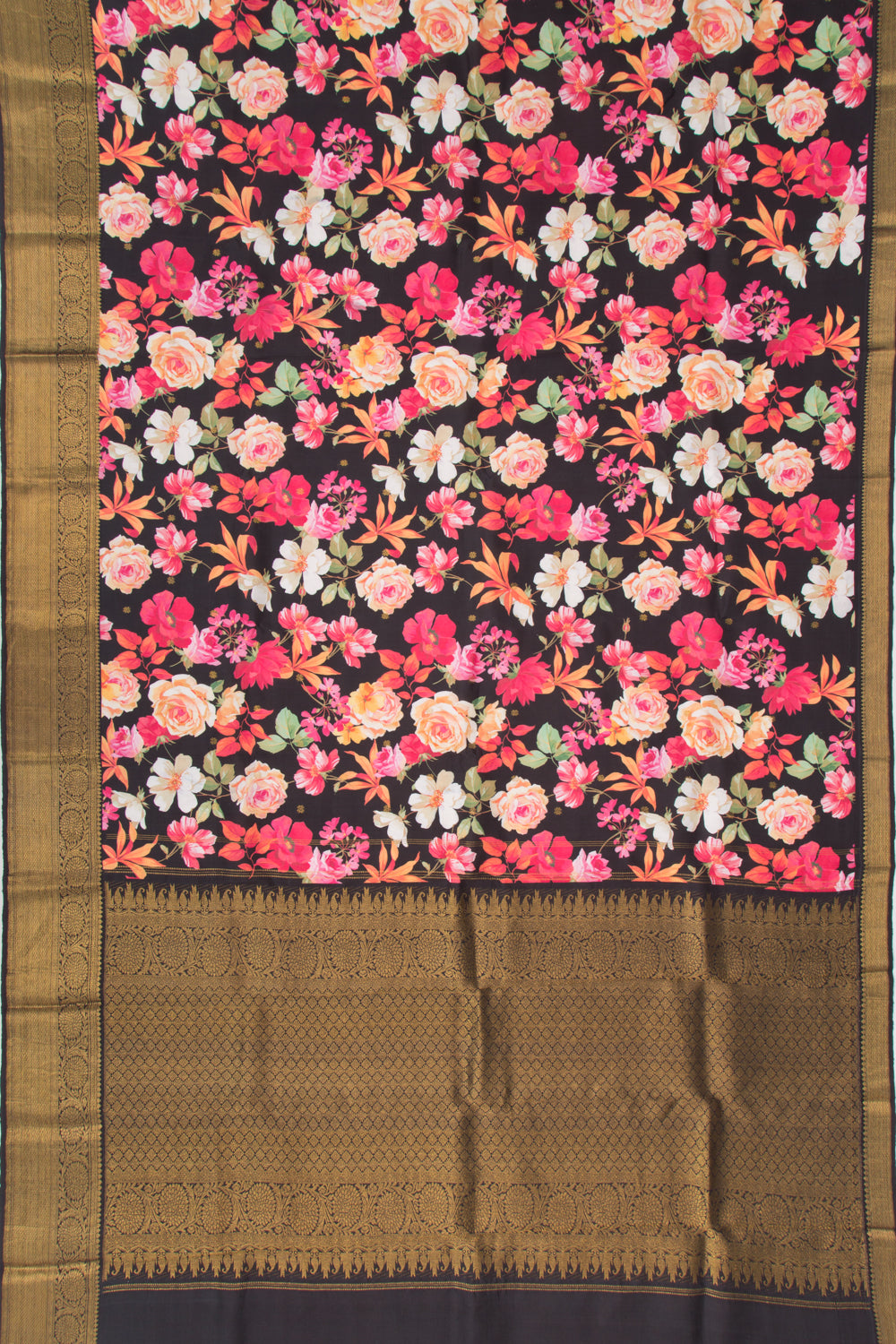 Kanchipuram Silk Floral Printed Black Saree
