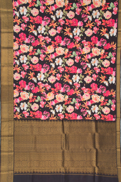 Kanchipuram Silk Floral Printed Black Saree