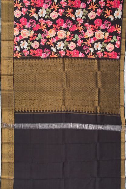 Kanchipuram Silk Floral Printed Black Saree