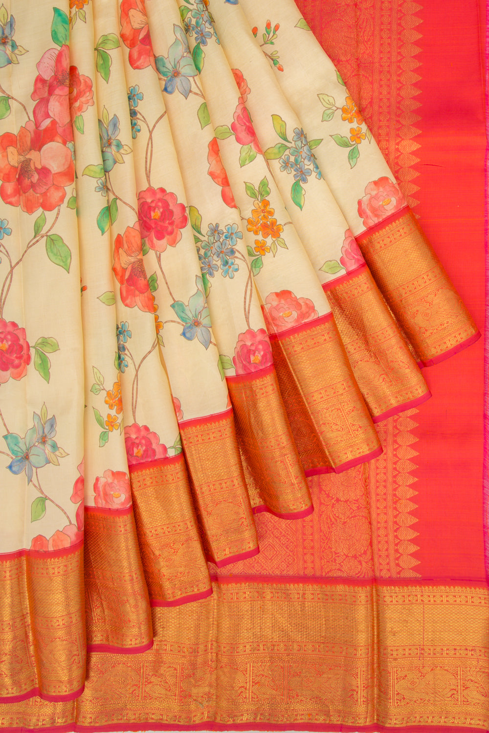 Kanchipuram Silk Floral Printed Cream Saree