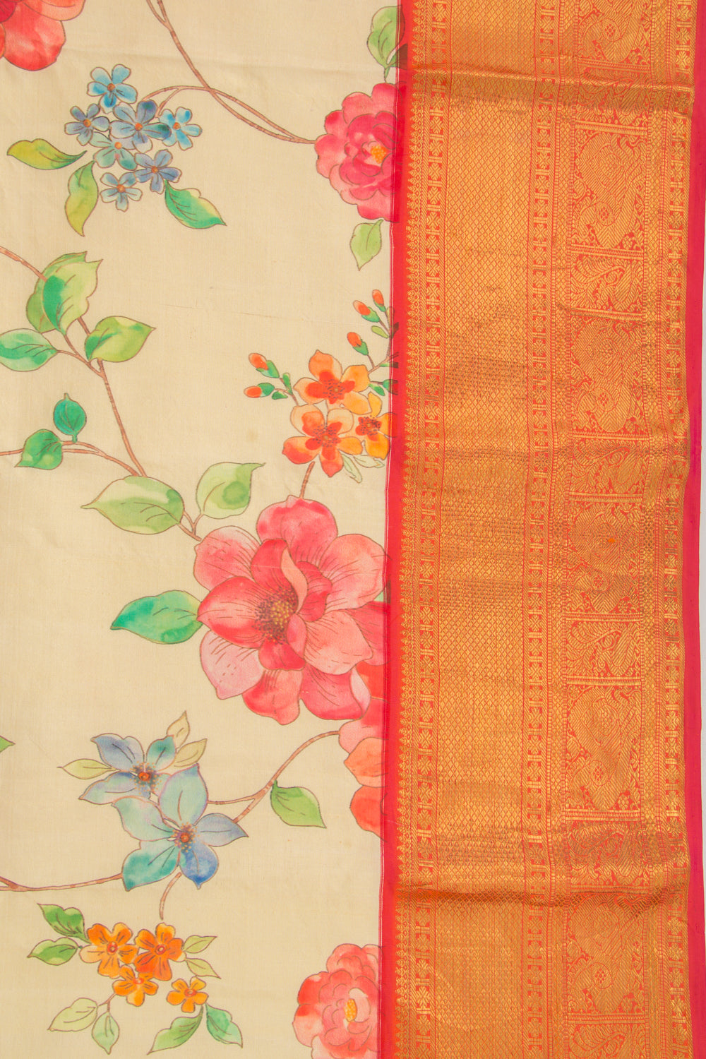 Kanchipuram Silk Floral Printed Cream Saree