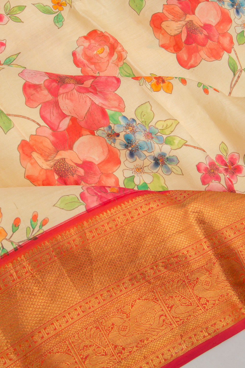 Kanchipuram Silk Floral Printed Cream Saree