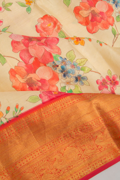 Kanchipuram Silk Floral Printed Cream Saree