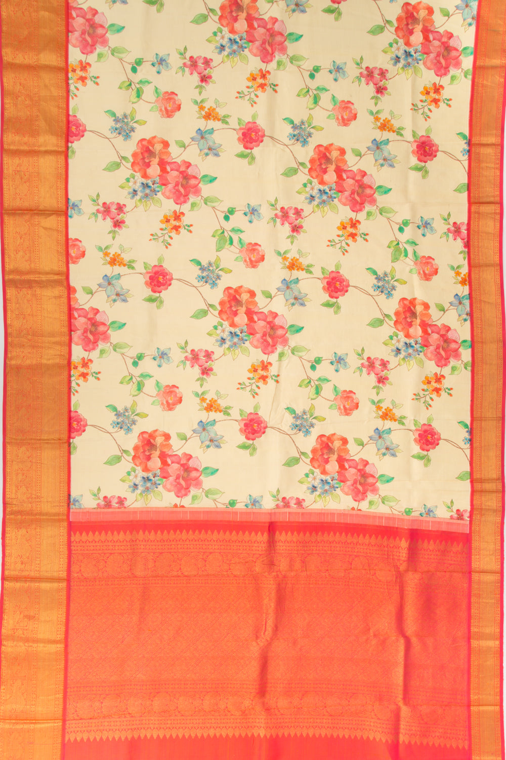 Kanchipuram Silk Floral Printed Cream Saree