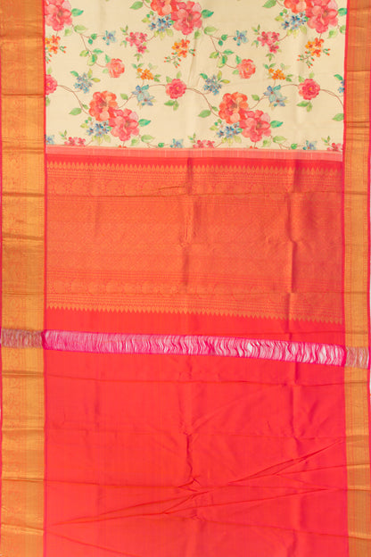 Kanchipuram Silk Floral Printed Cream Saree