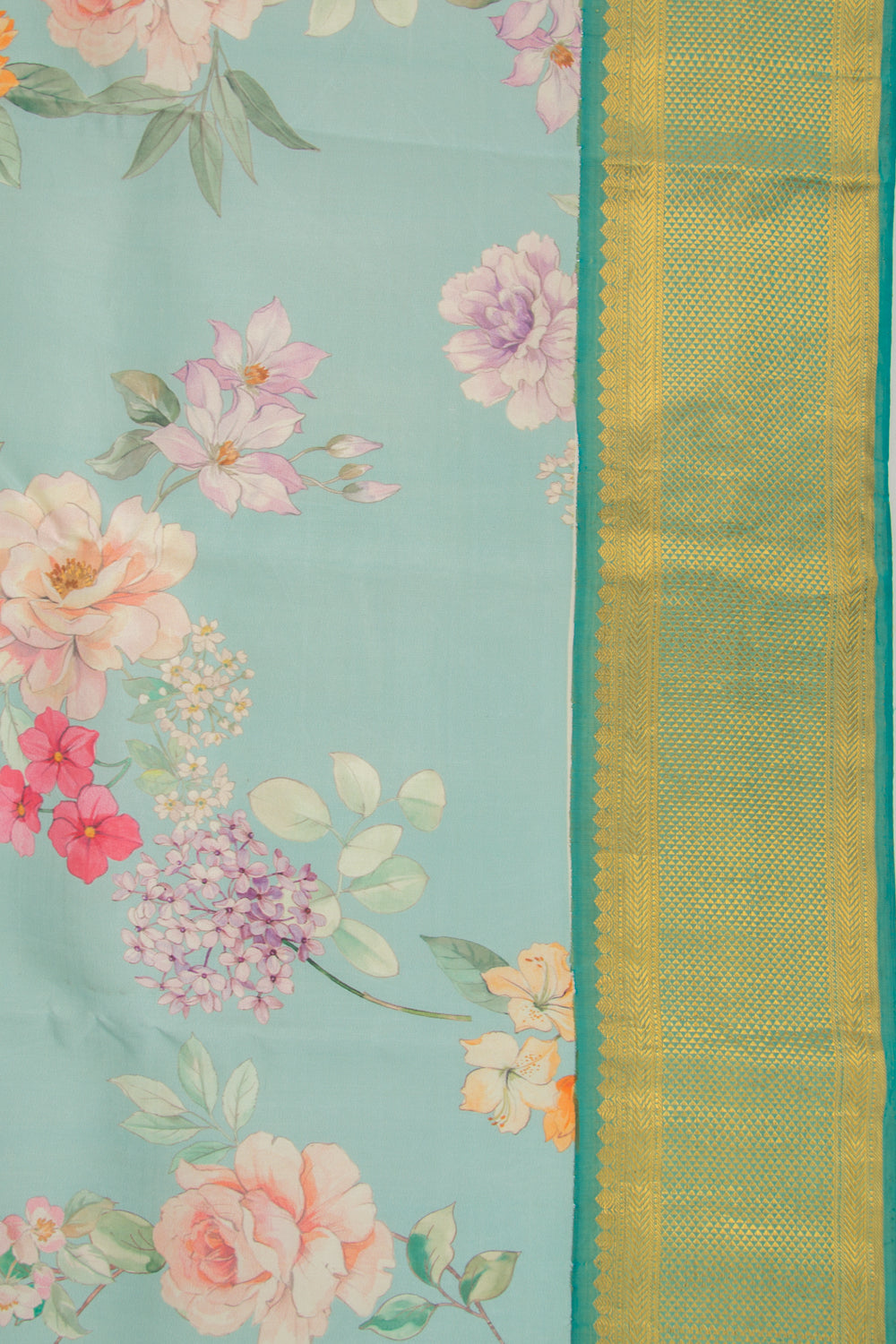 Kanchipuram Silk Floral Printed Pastel Blue Saree